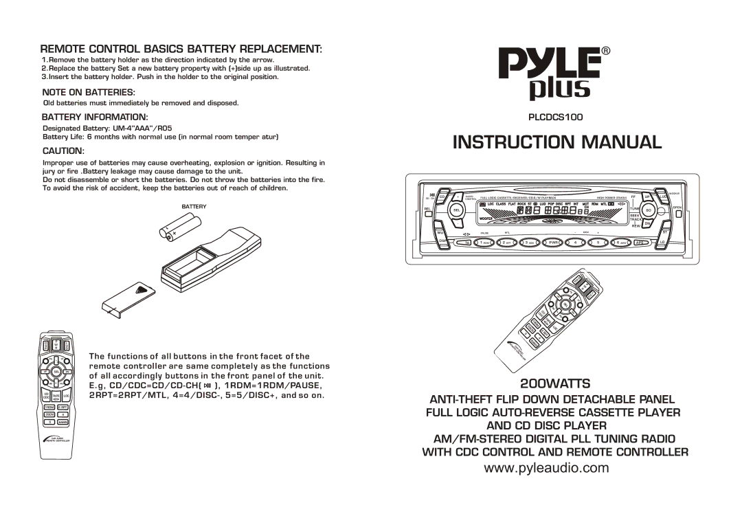 PYLE Audio PLCDCS100 instruction manual 200WATTS, Remote Control Basics Battery Replacement 