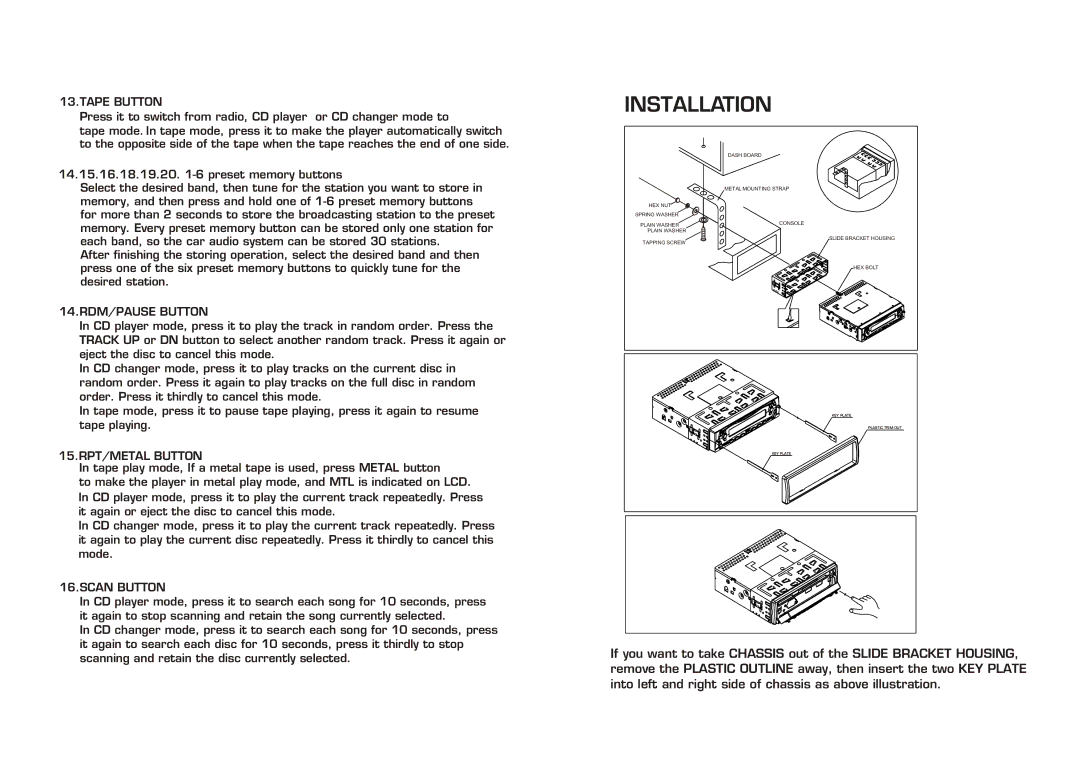 PYLE Audio PLCDCS100 instruction manual Installation, Tape Button, 14.RDM/PAUSE Button, 15.RPT/METAL Button, Scan Button 