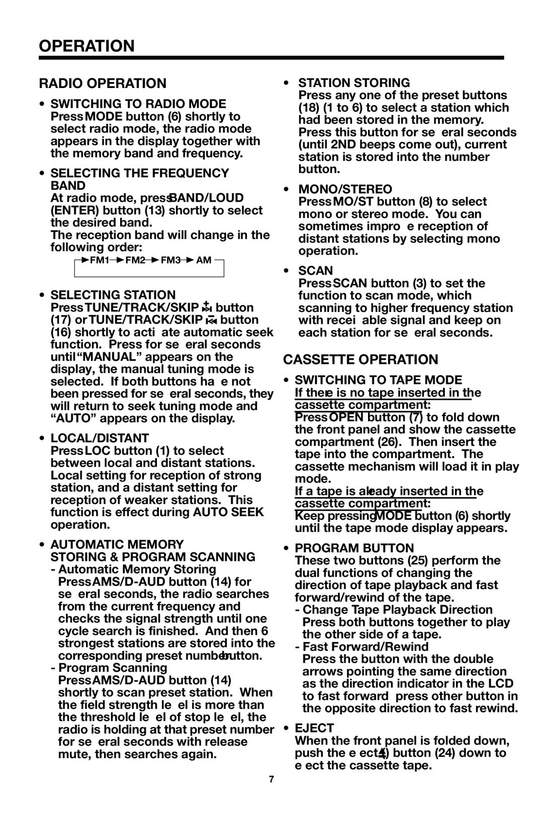 PYLE Audio PLCDCS220MP owner manual Radio Operation, Cassette Operation 