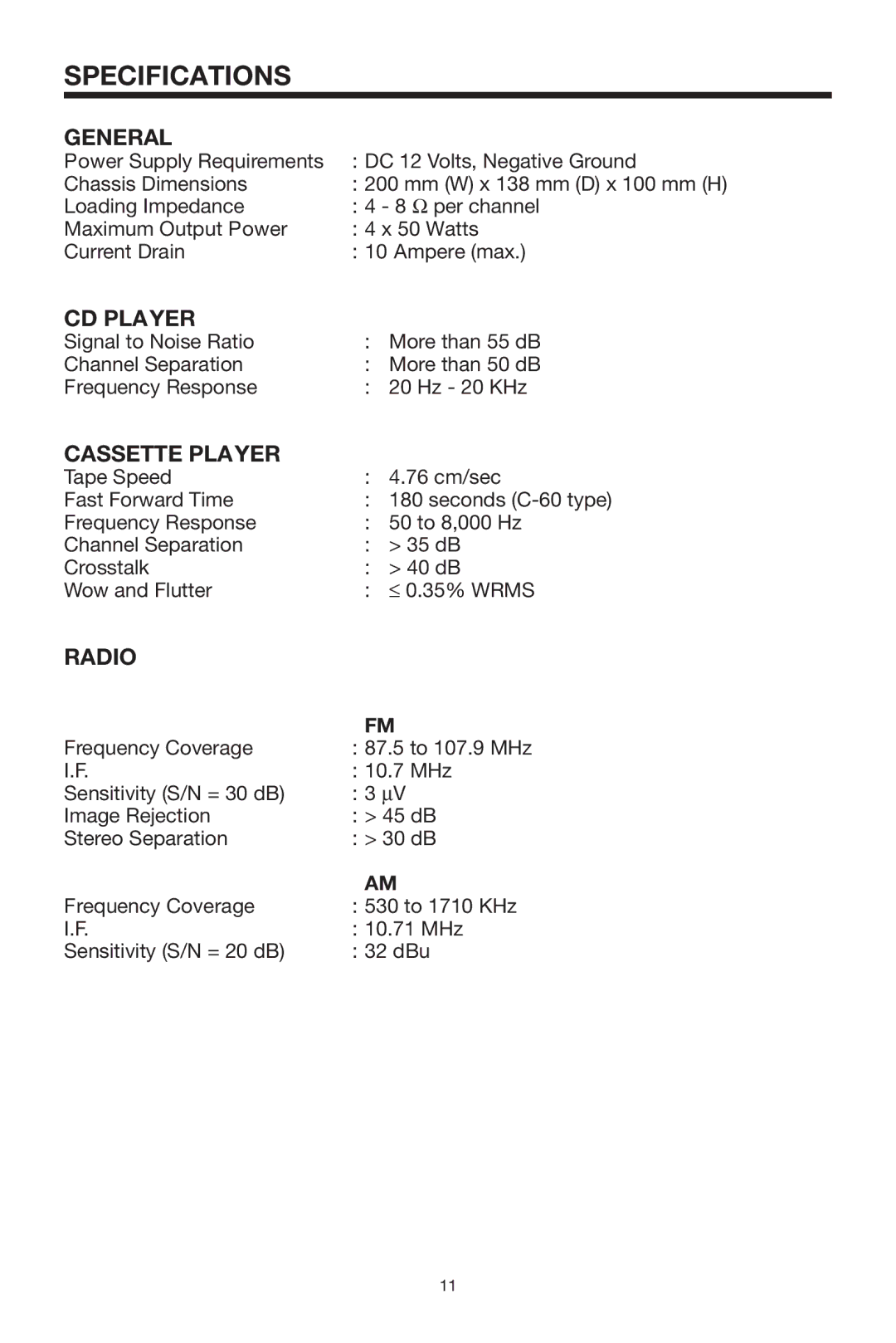 PYLE Audio PLCDCS300 owner manual Specifications, General, CD Player, Cassette Player, Radio 