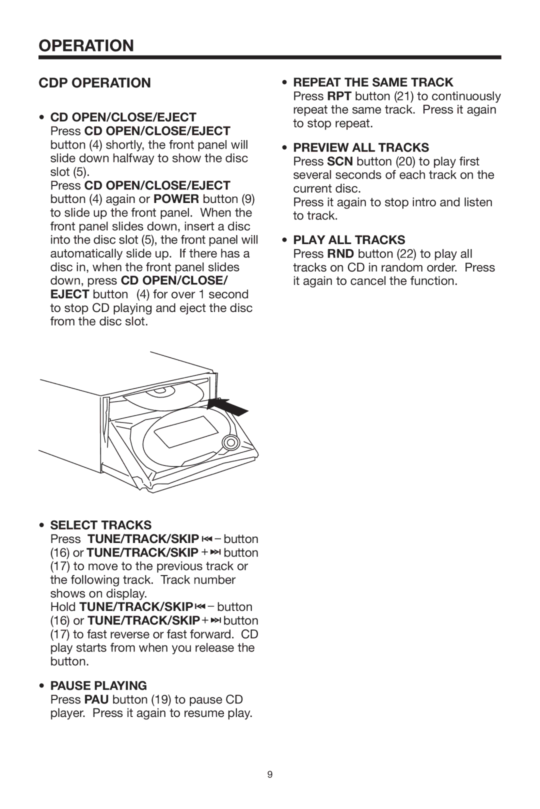 PYLE Audio PLCDCS300 owner manual CDP Operation 