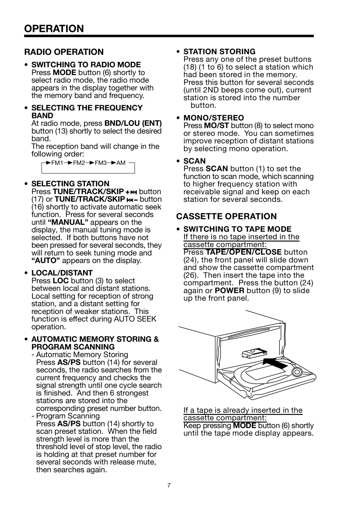 PYLE Audio PLCDCS330MP owner manual Radio Operation, Cassette Operation 