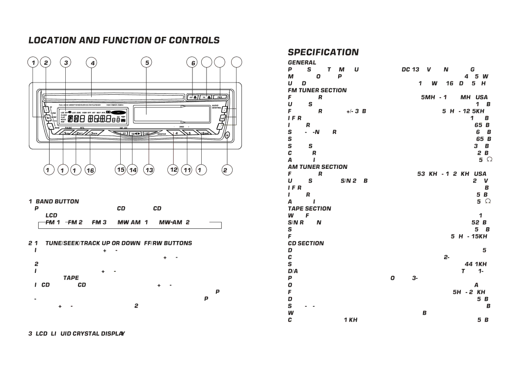 PYLE Audio PLCDCS90 instruction manual Location and Function of Controls, Specification 