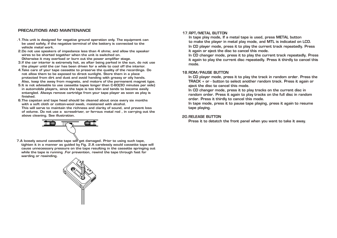 PYLE Audio PLCDCS90 Precautions and Maintenance, 17.RPT/METAL Button, 18.RDM/PAUSE Button, Release Button 