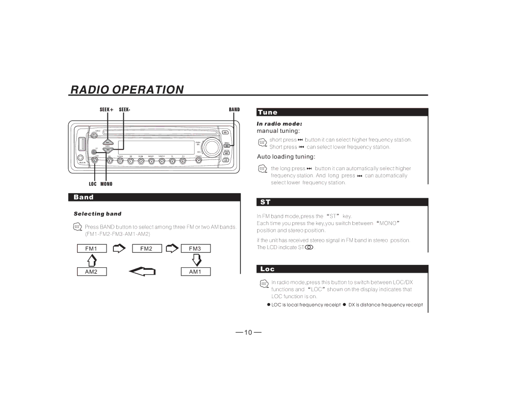 PYLE Audio PLCDUSMP74 owner manual Band, Tune, Loc 