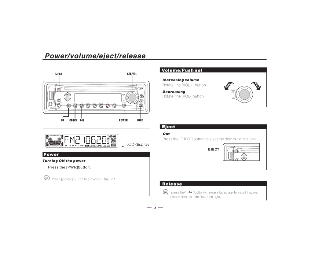 PYLE Audio PLCDUSMP74 owner manual Power, Volume/Push sel, Eject, Release 