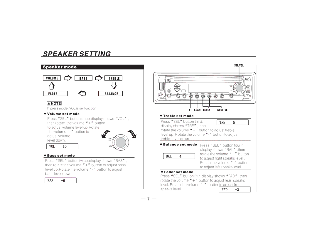 PYLE Audio PLCDUSMP74 owner manual Speaker mode, Volume Bass Treble Fader Balance 