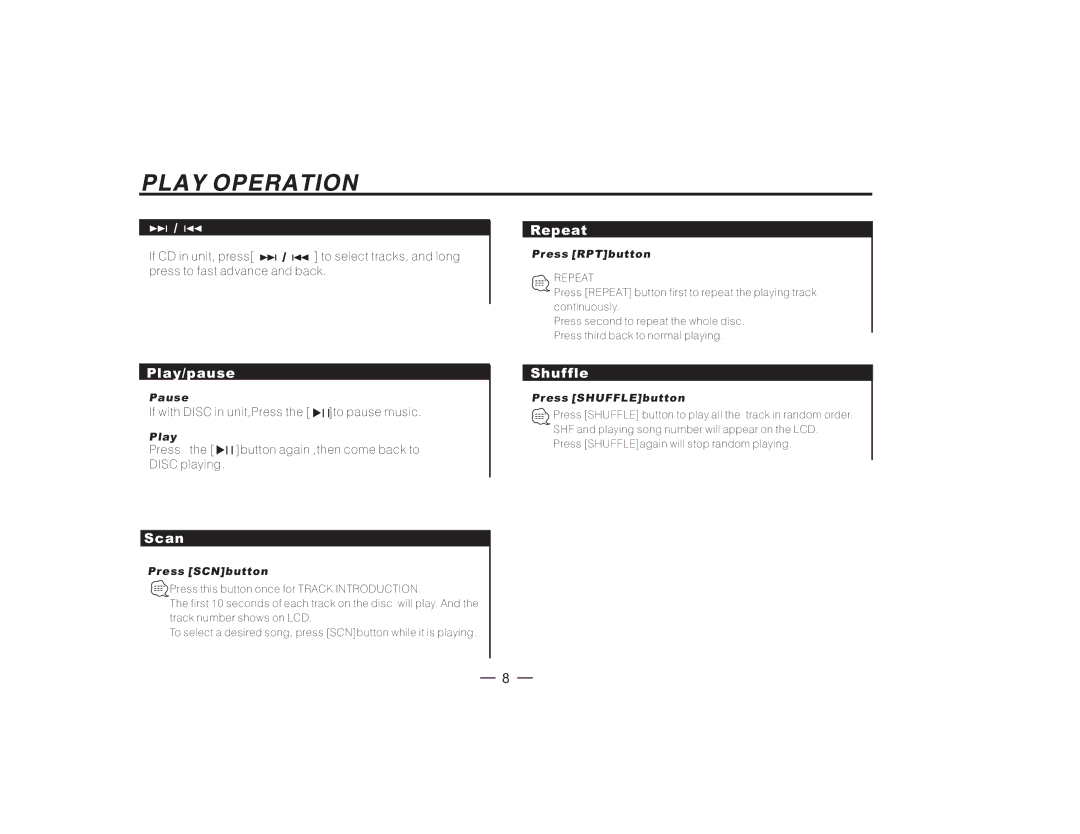 PYLE Audio PLCDUSMP74 owner manual Play/pause, Scan, Repeat, Shuffle 