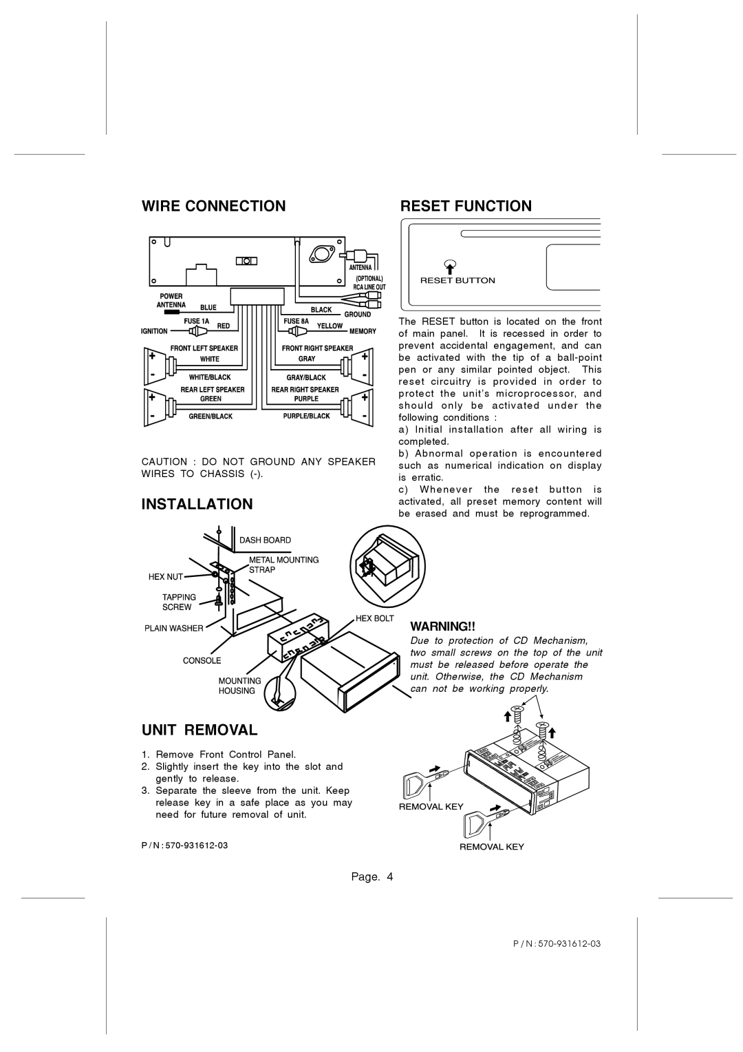 PYLE Audio PLCG53, PLCD52 owner manual Wire Connection Reset Function Installation 