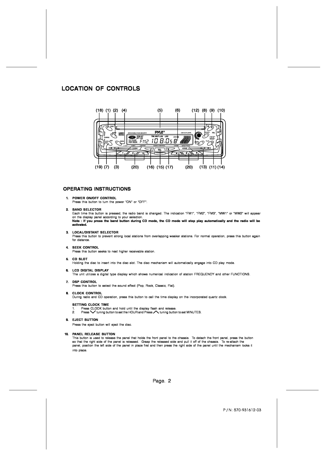 PYLE Audio PLCG53, PLCD52 owner manual Operating Instructions, Page, Location Of Controls, P / N 