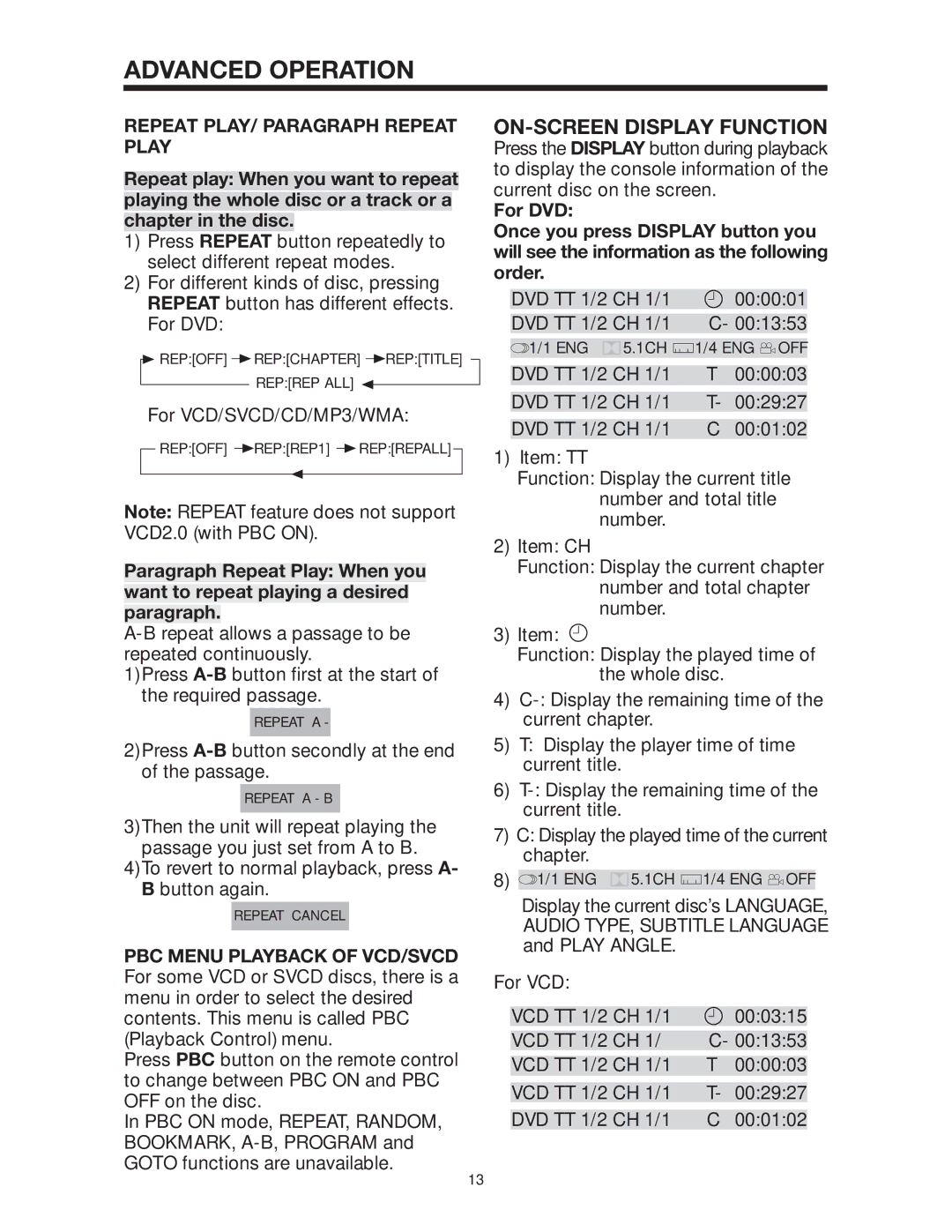 PYLE Audio PLD142 owner manual Advanced Operation, Repeat PLAY/ Paragraph Repeat Play 