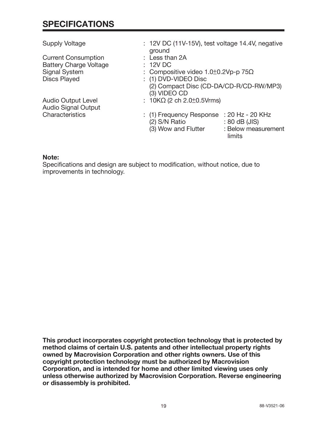 PYLE Audio PLD142 owner manual Specifications, Video CD 