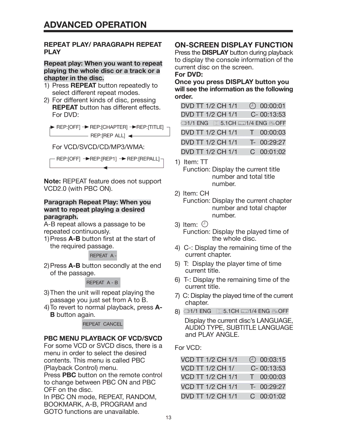 PYLE Audio PLD144 owner manual Advanced Operation, Repeat PLAY/ Paragraph Repeat Play 