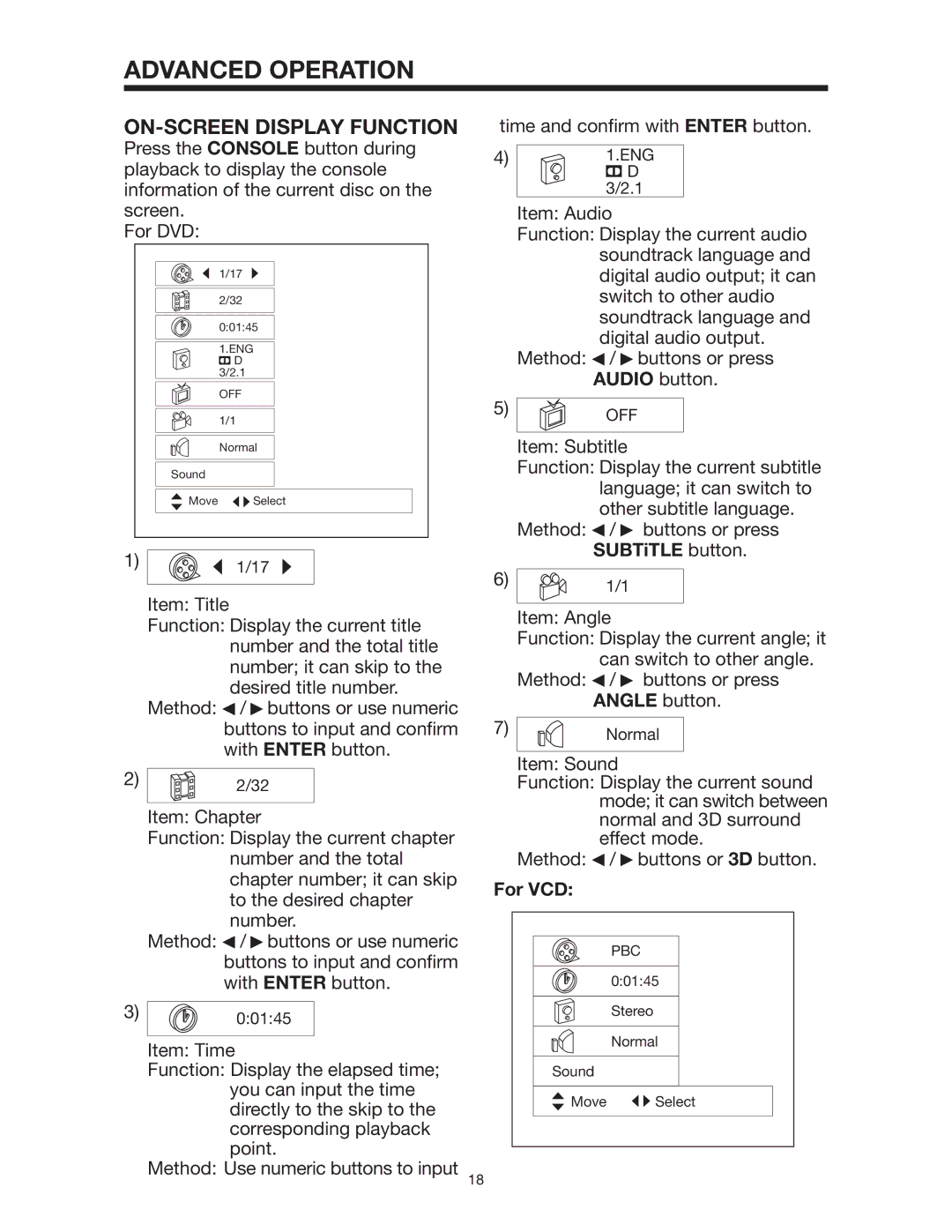 PYLE Audio PLD162 owner manual ON-SCREEN Display Function, For VCD 