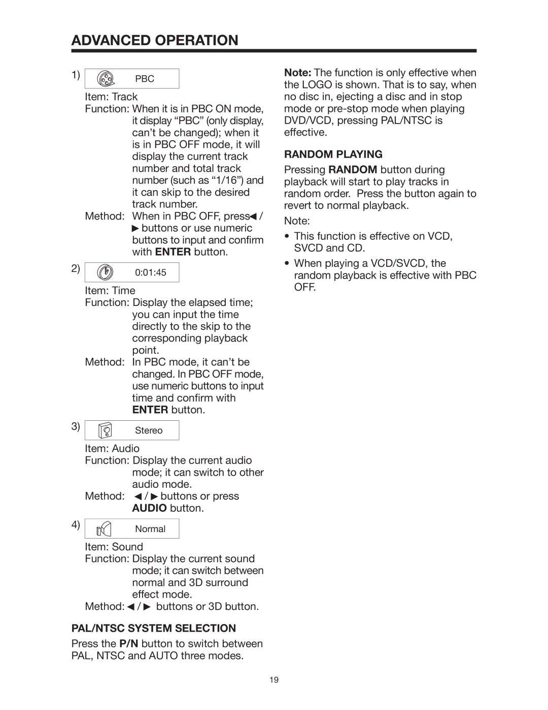 PYLE Audio PLD162 owner manual PAL/NTSC System Selection, Random Playing 