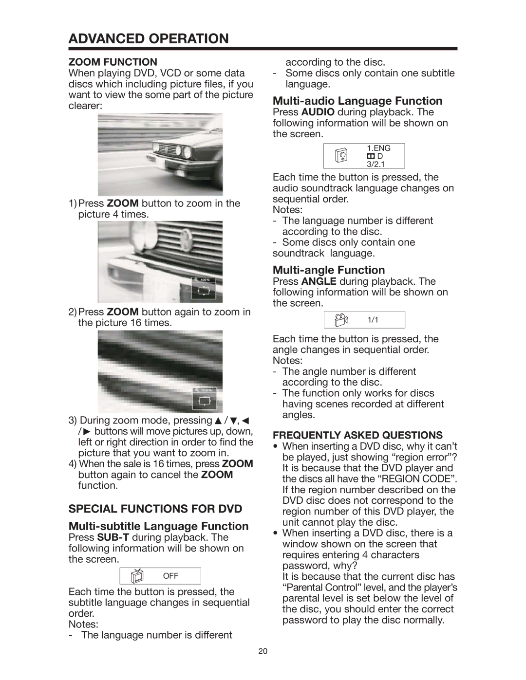 PYLE Audio PLD162 owner manual Special Functions for DVD, Zoom Function, Frequently Asked Questions 