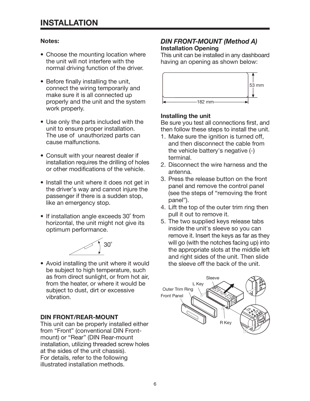 PYLE Audio PLD162 owner manual Din Front/Rear-Mount, Installation Opening, Installing the unit 