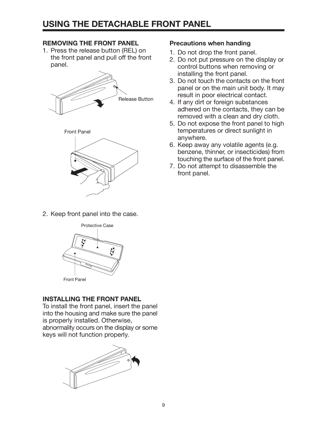 PYLE Audio PLD162 owner manual Using the Detachable Front Panel, Removing the Front Panel, Installing the Front Panel 