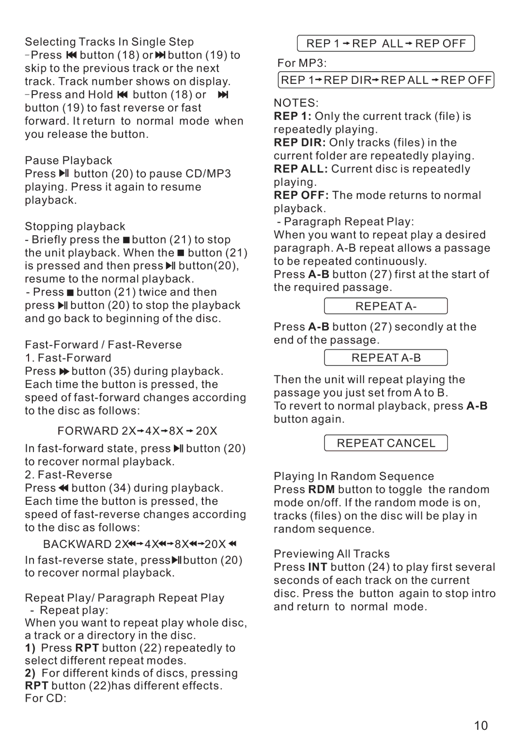 PYLE Audio PLD175TBT REP 1 REP ALL REP OFF, REP 1 REP DIR REP ALL REP OFF, Repeat a, Repeat A-B, Repeat Cancel 