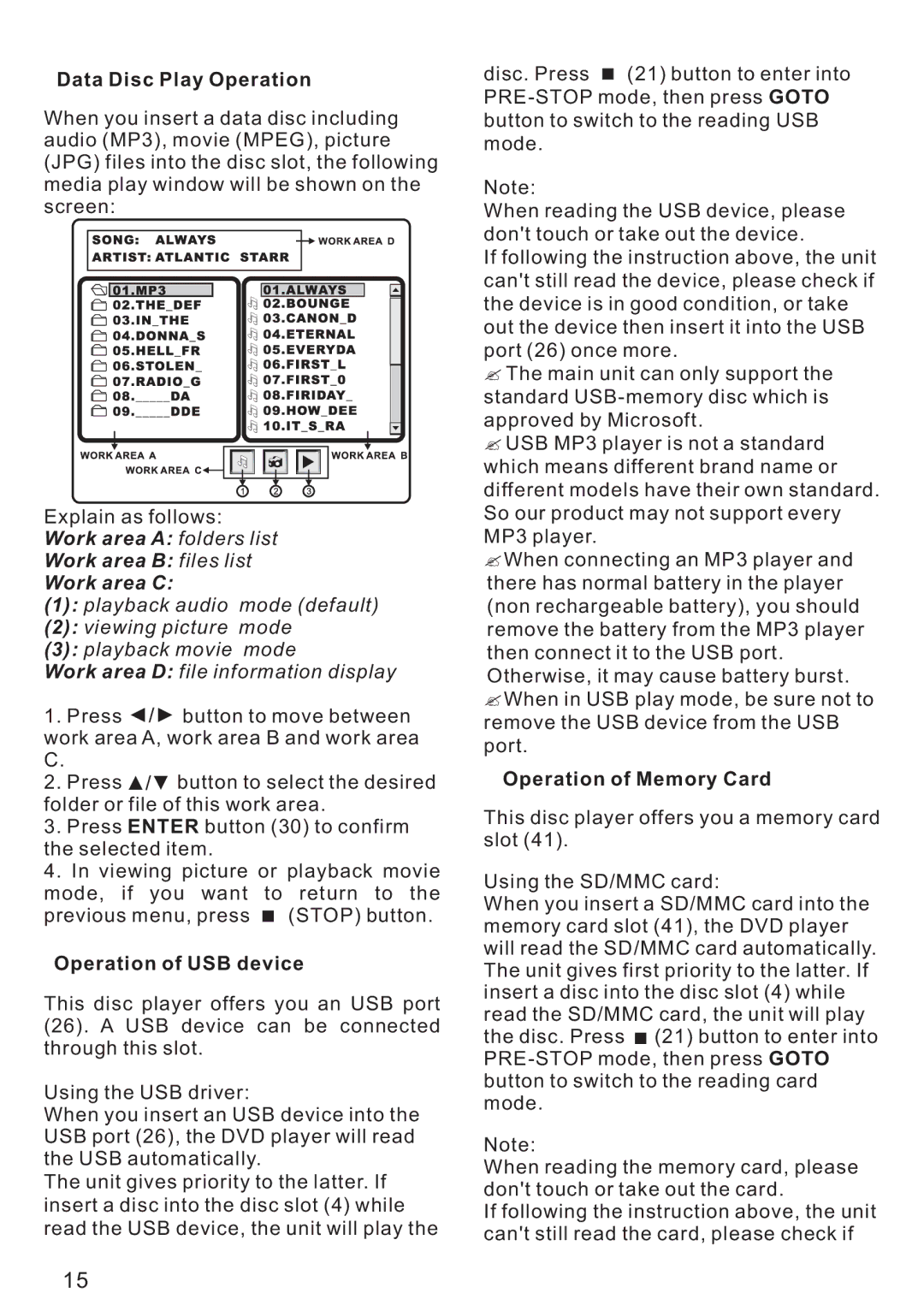 PYLE Audio PLD175TBT instruction manual Data Disc Play Operation, Operation of USB device, Operation of Memory Card 