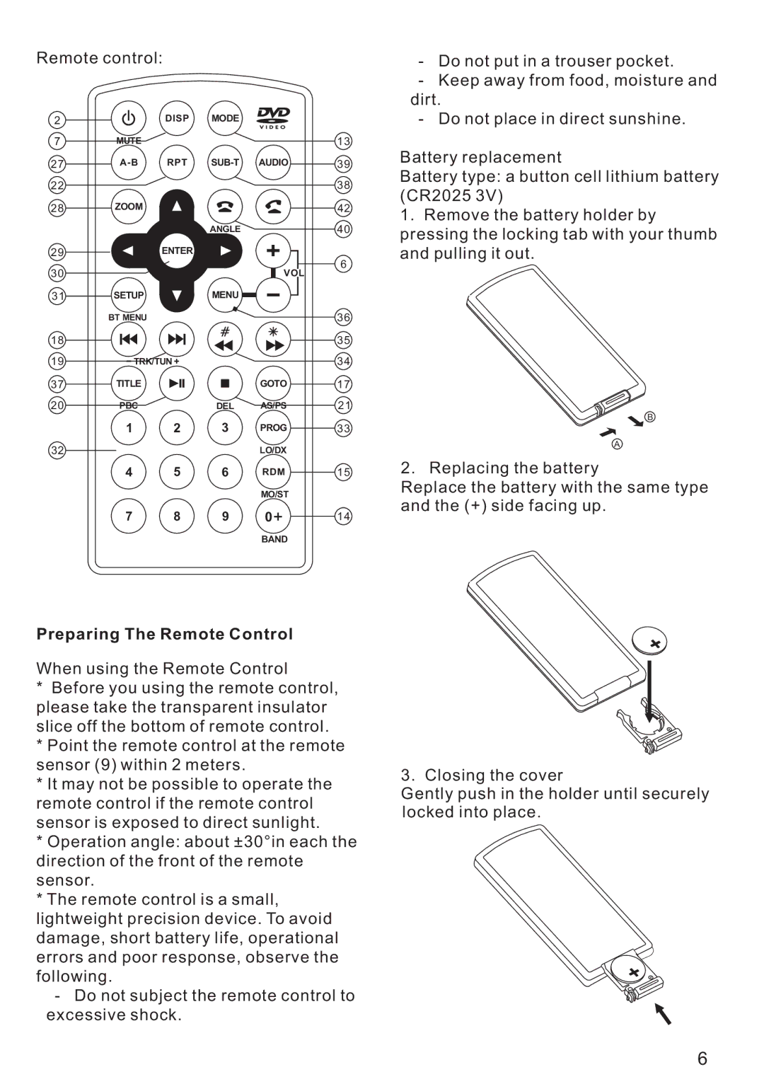 PYLE Audio PLD175TBT instruction manual Remote control, Preparing The Remote Control 