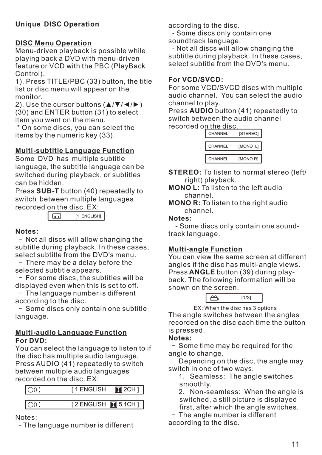 PYLE Audio PLD179U Unique Disc Operation Disc Menu Operation, Multi-audio Language Function For DVD, For VCD/SVCD 