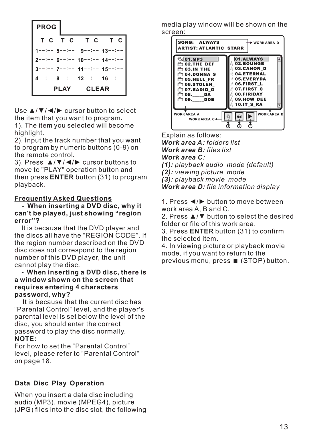 PYLE Audio PLD179U instruction manual Data Disc Play Operation, Work area a folders list Work area B files list Work area C 