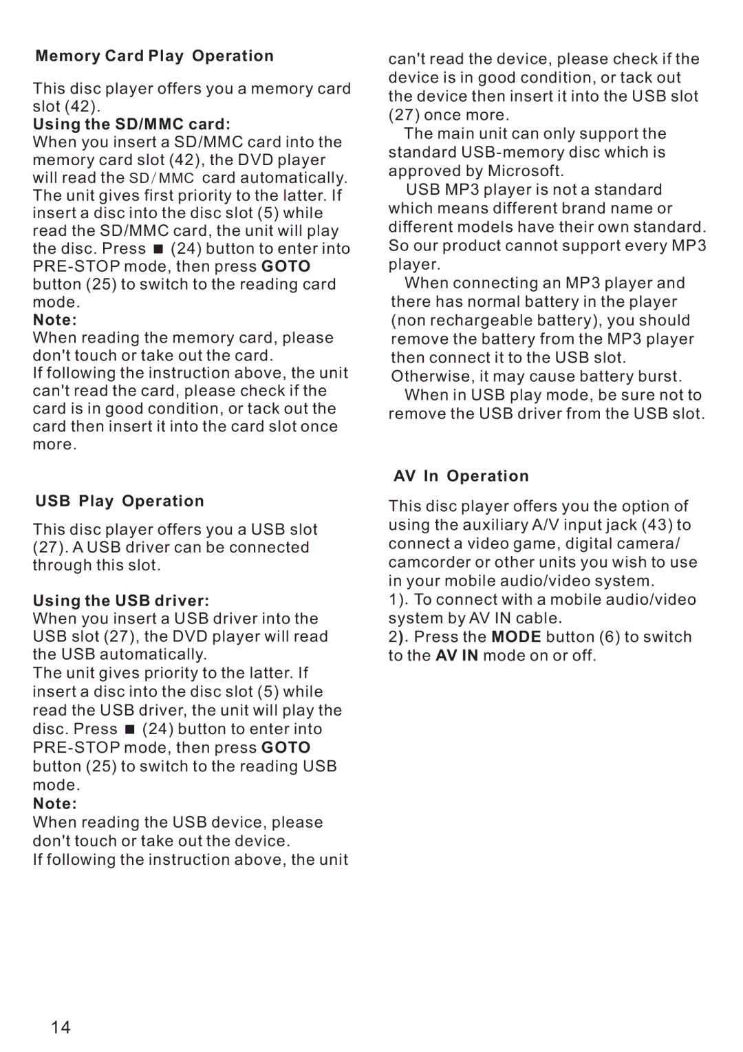 PYLE Audio PLD179U Memory Card Play Operation, Using the SD/MMC card, USB Play Operation, Using the USB driver 