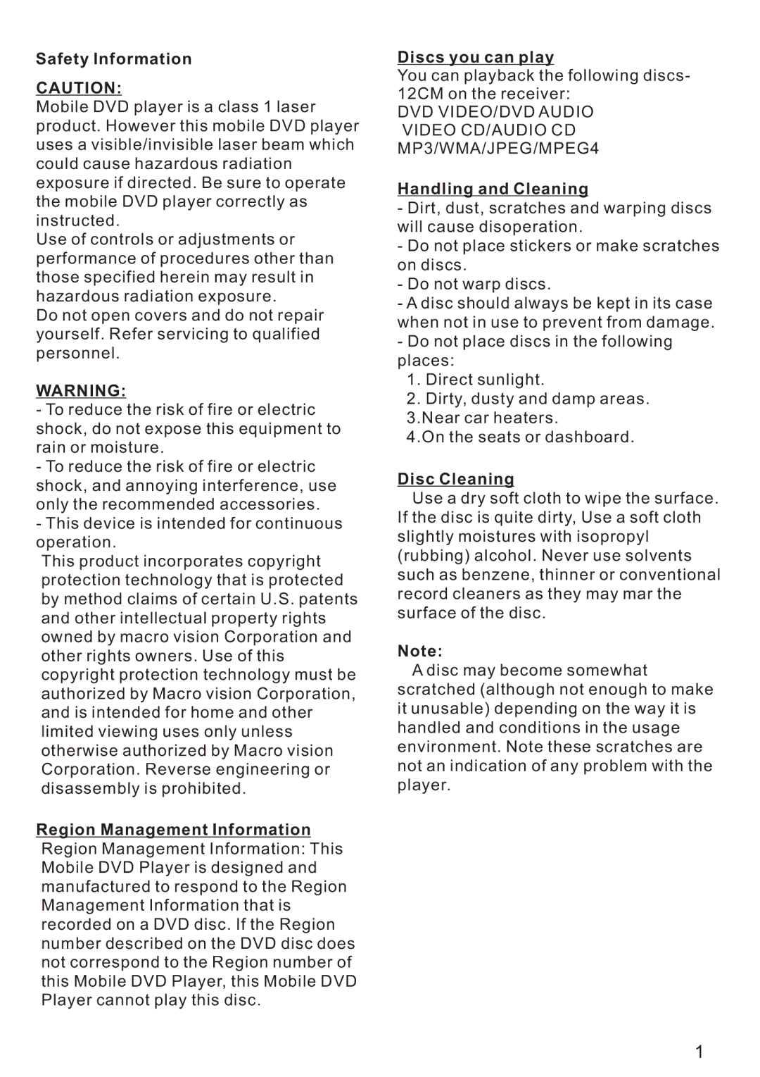 PYLE Audio PLD179U instruction manual Safety Information, Handling and Cleaning, Disc Cleaning 