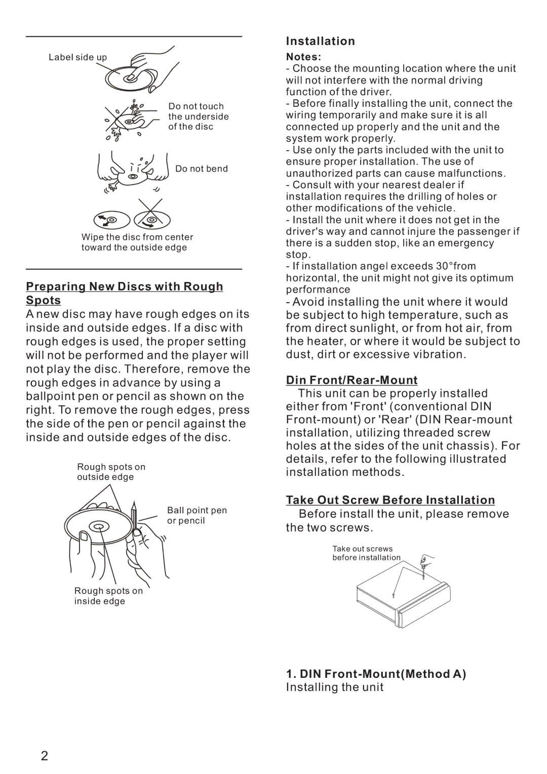 PYLE Audio PLD179U instruction manual Preparing New Discs with Rough Spots, Installation, Din Front/Rear-Mount 