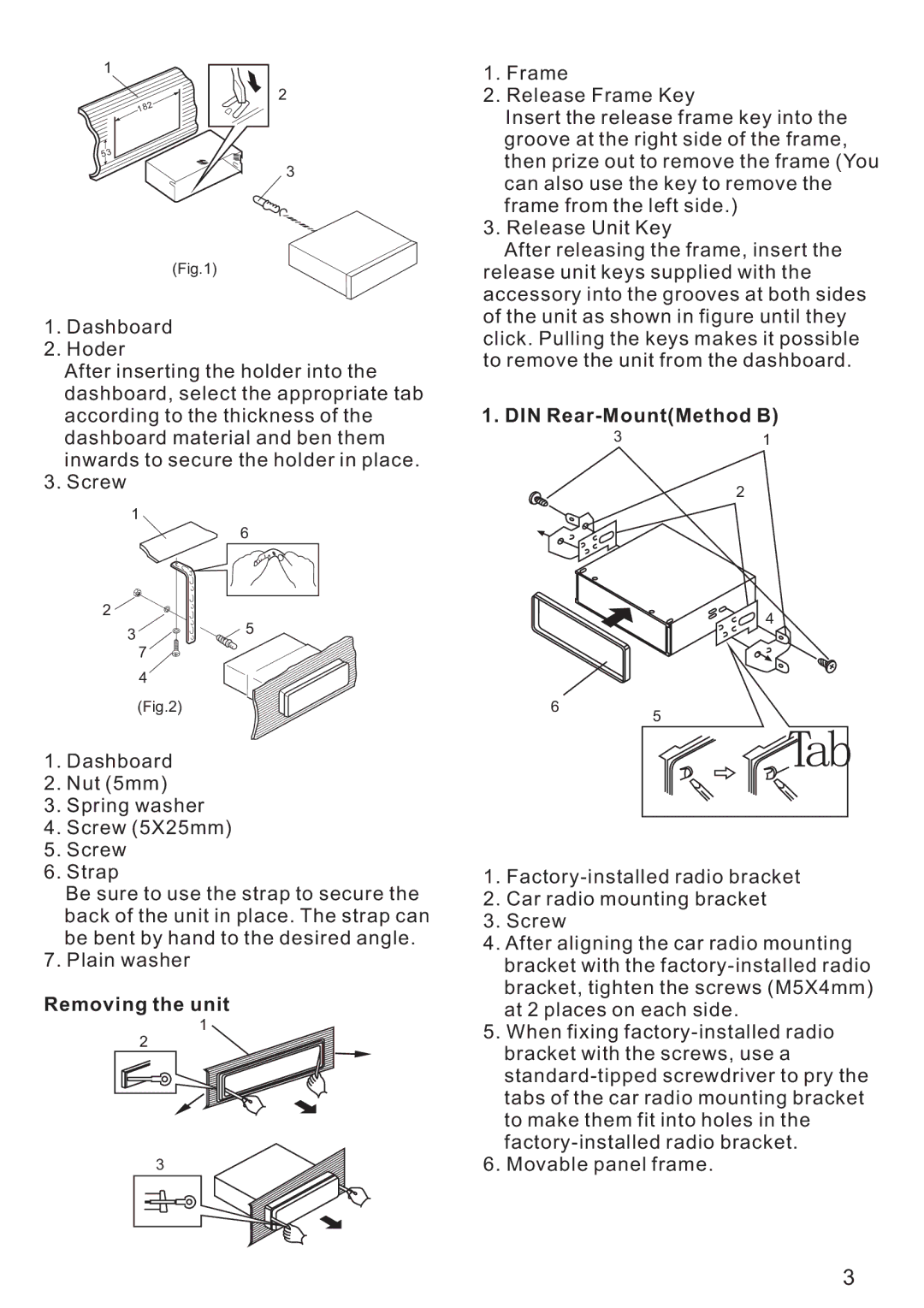 PYLE Audio PLD179U instruction manual DIN Rear-MountMethod B, Removing the unit 