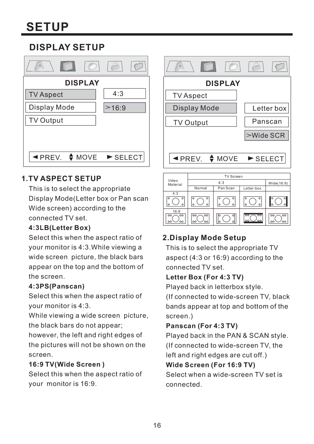 PYLE Audio PLD184V owner manual Display Setup, TV Aspect Setup, Prev, Display Mode Setup 