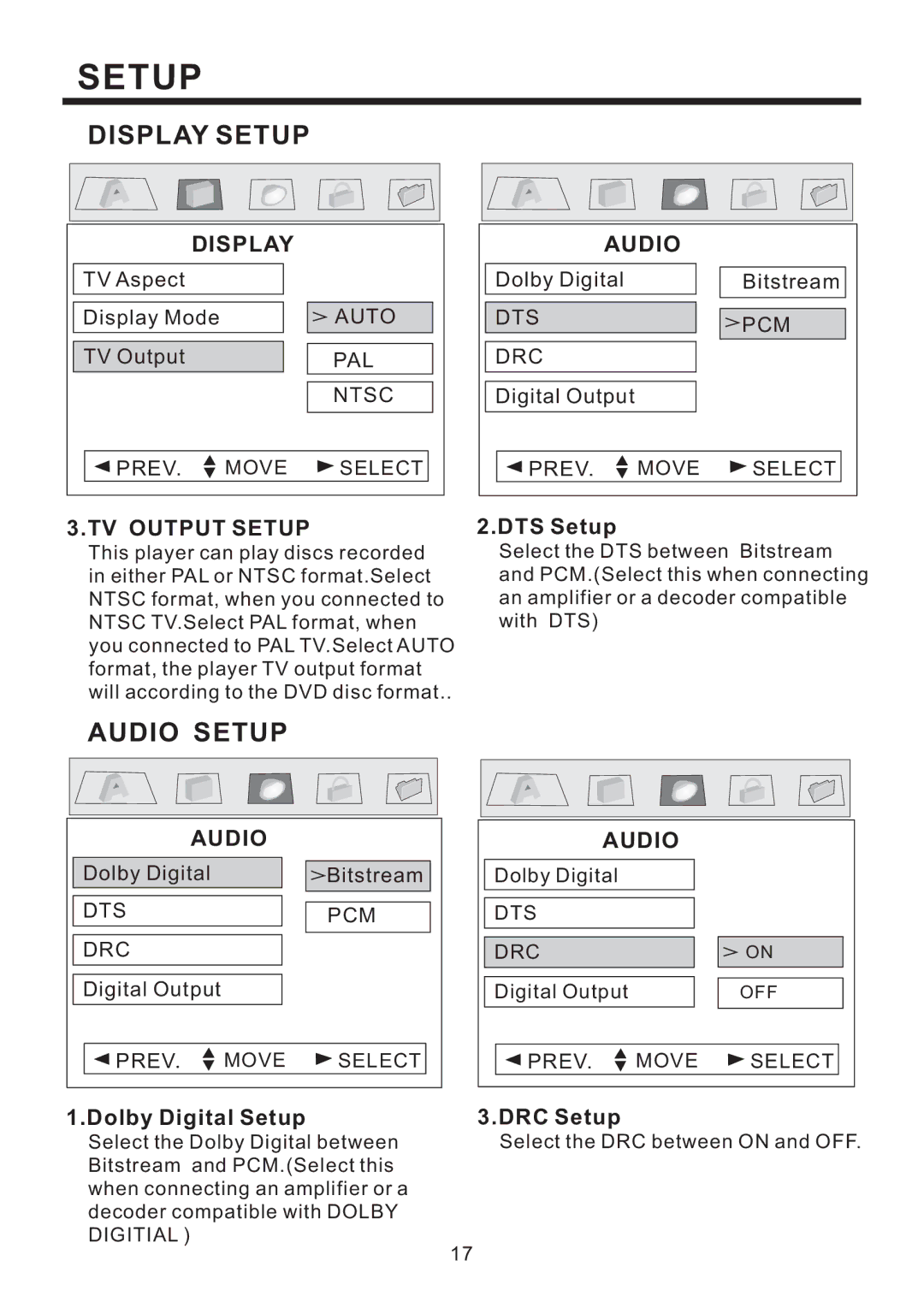 PYLE Audio PLD184V owner manual Audio Setup, TV Output Setup 