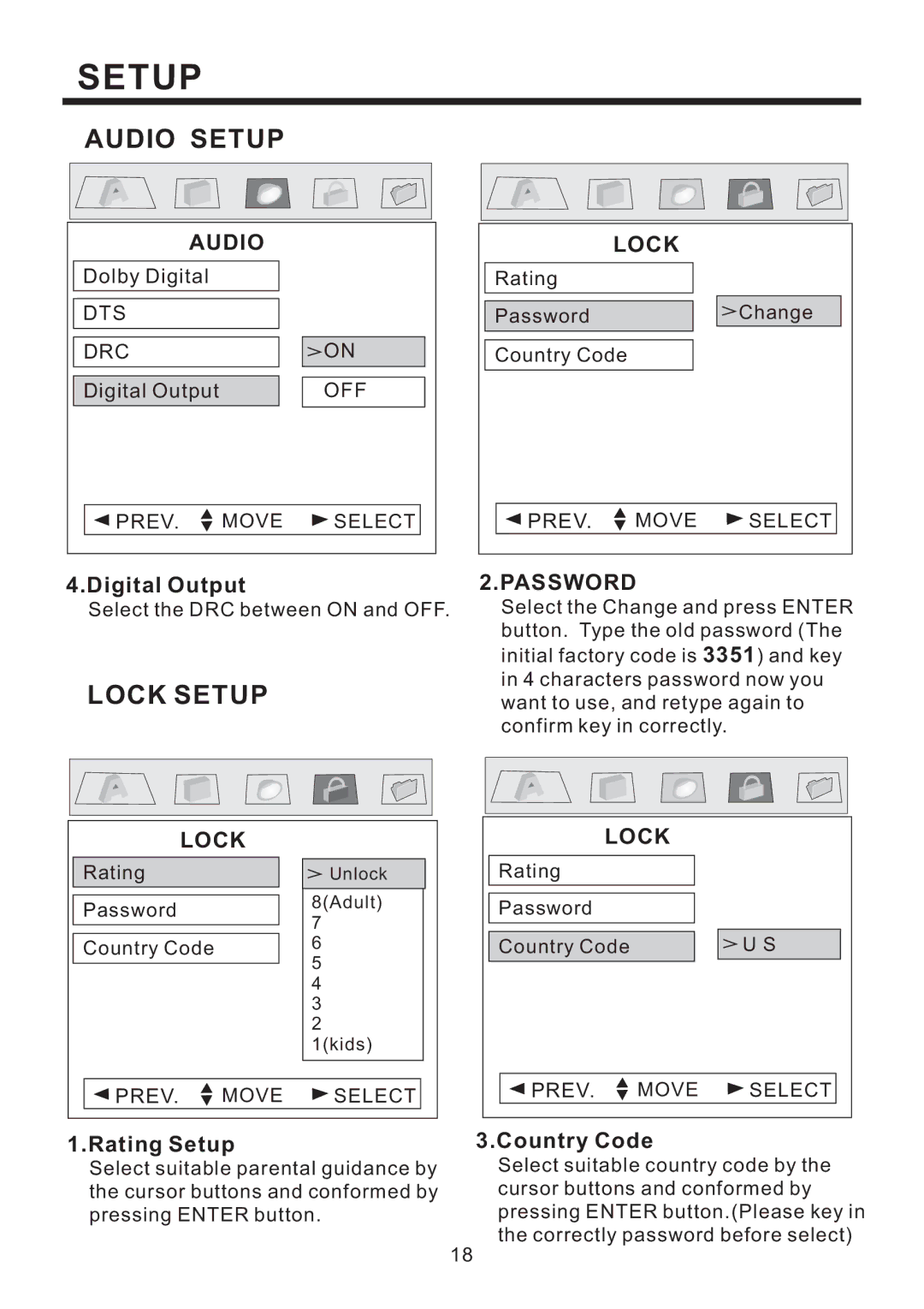 PYLE Audio PLD184V owner manual Lock Setup, Password 