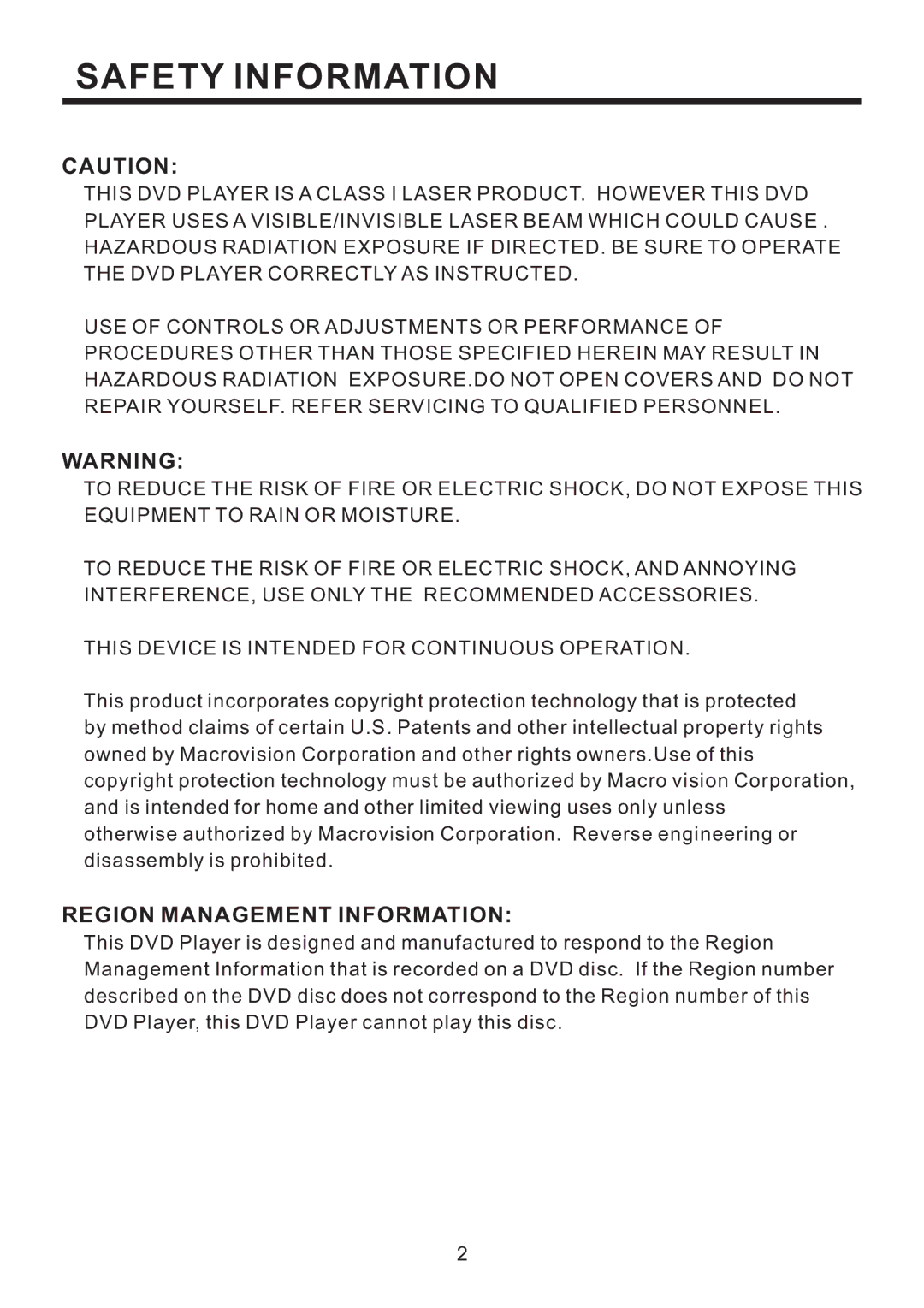 PYLE Audio PLD184V owner manual Safety Information, Region Management Information 