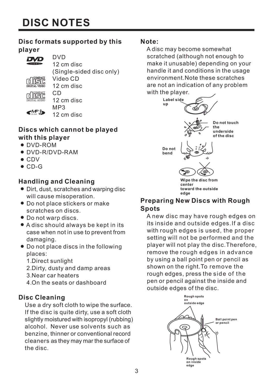 PYLE Audio PLD184V owner manual Disc Notes 