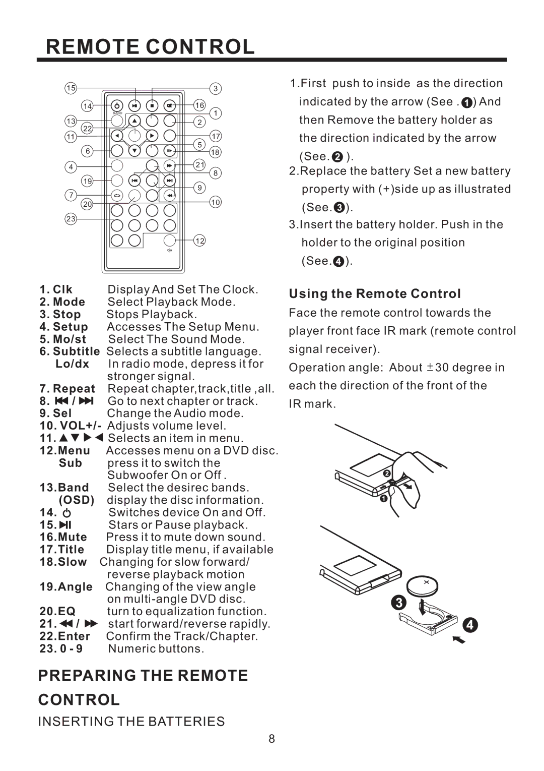 PYLE Audio PLD184V owner manual Preparing the Remote Control, Inserting the Batteries, Using the Remote Control 