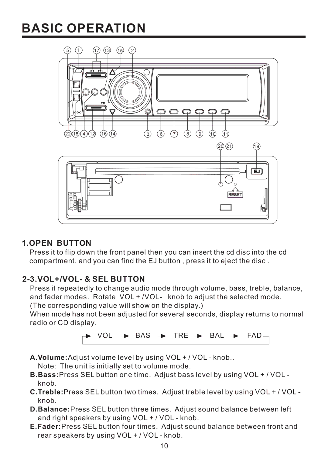 PYLE Audio PLD193T owner manual Basic Operation, Open Button, VOL+/VOL- & SEL Button, Vol Bas Tre Bal Fad 