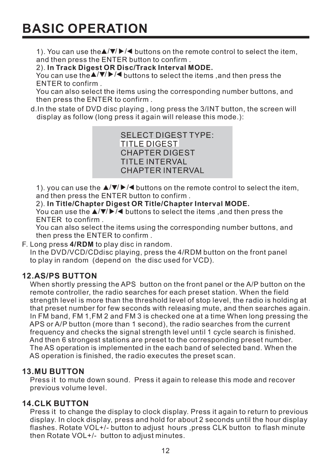 PYLE Audio PLD193T owner manual 12.AS/PS Button, MU Button, CLK Button, Track Digest or Disc/Track Interval Mode 