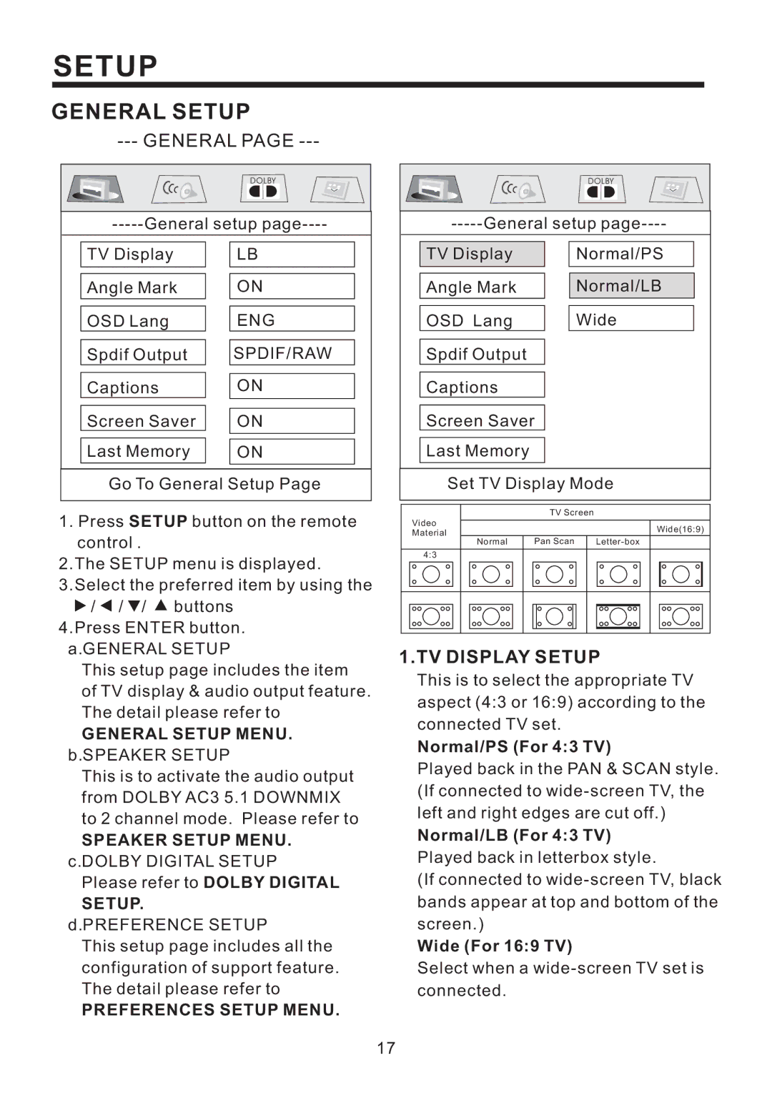 PYLE Audio PLD193T owner manual General, TV Display Setup 