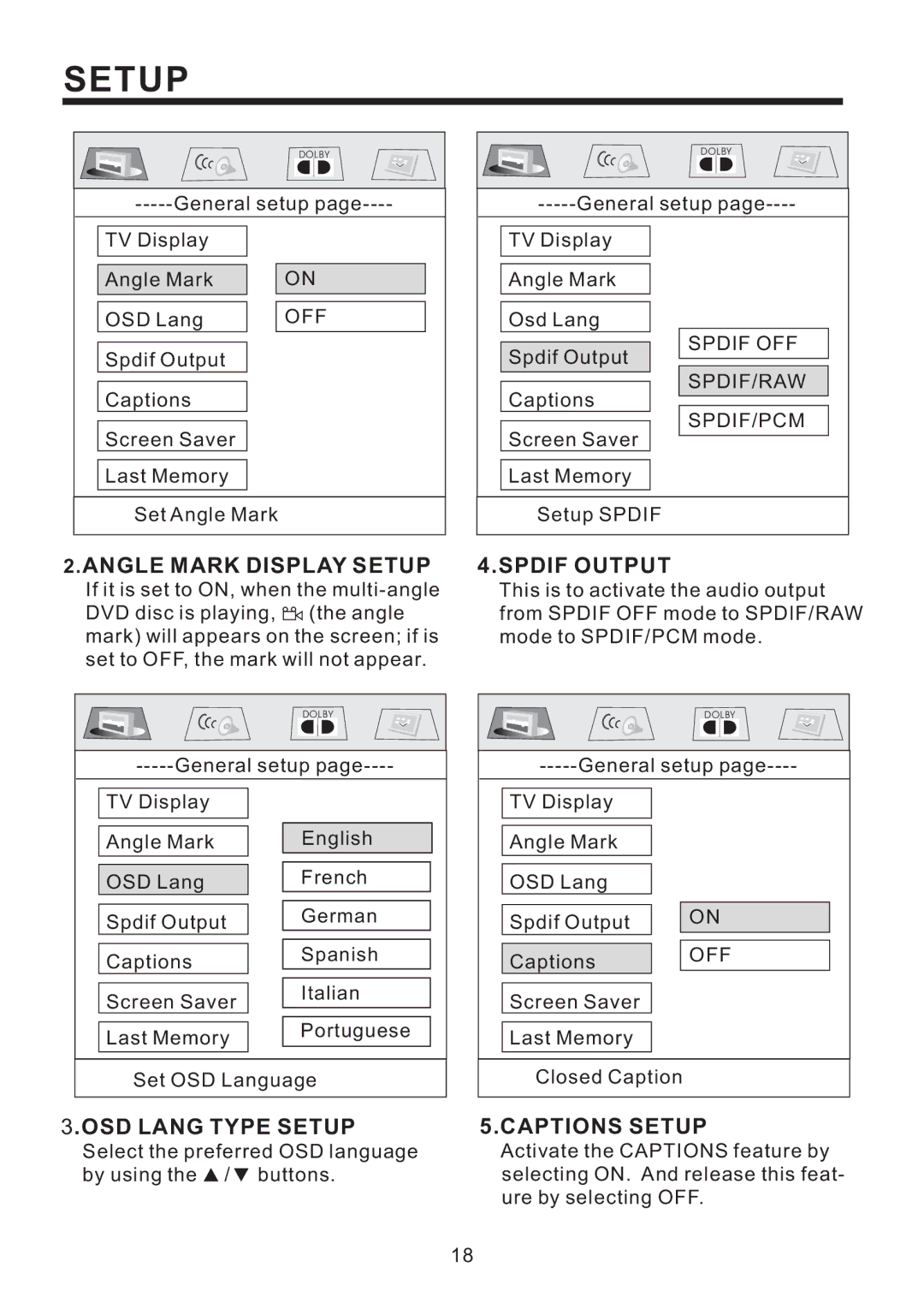 PYLE Audio PLD193T owner manual Angle Mark Display Setup, Spdif Output, OSD Lang Type Setup, Captions Setup 