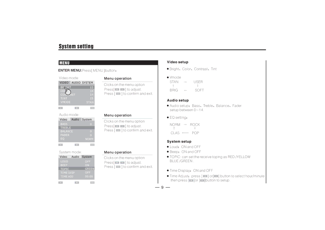 PYLE Audio PLD3MU manual System setting, Stanuser Brigsoft, Norm Rock Clas POP, Blue /GREEN 