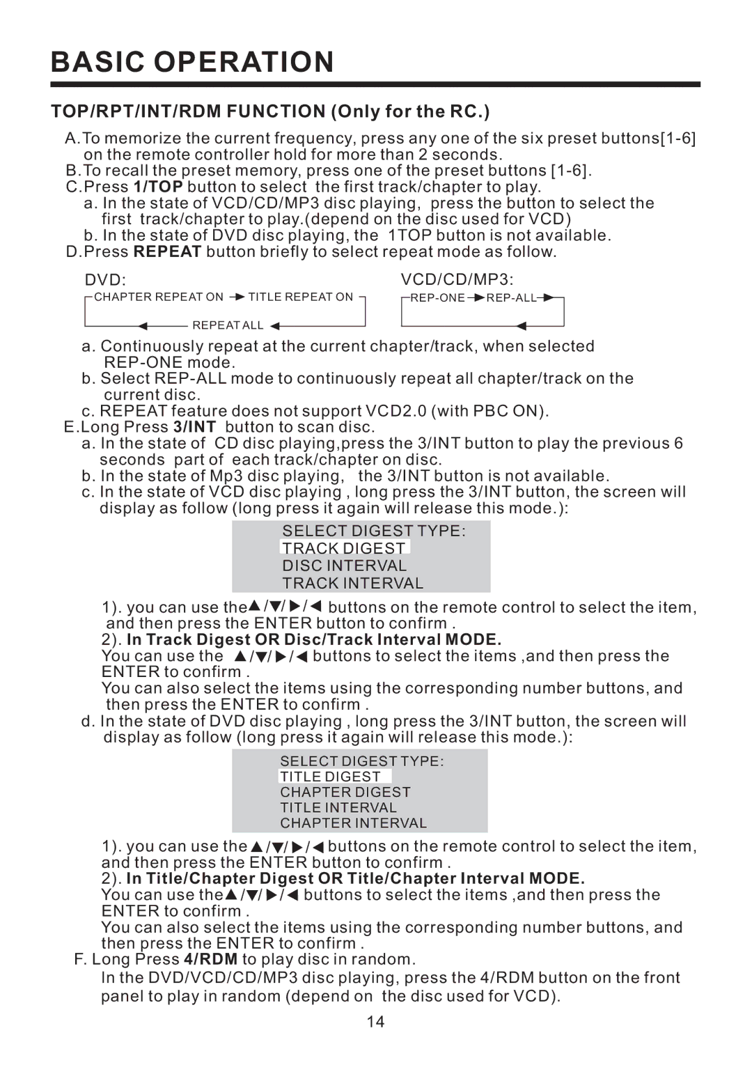 PYLE Audio PLD41MUT owner manual TOP/RPT/INT/RDM Function Only for the RC, VCD/CD/MP3 