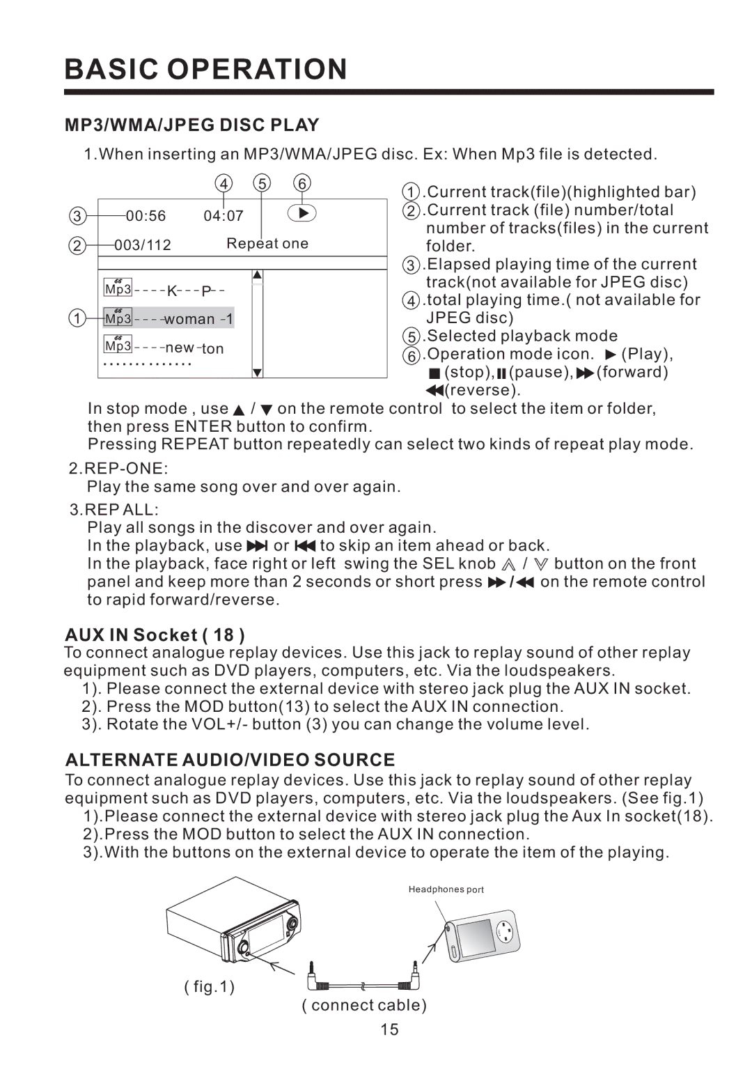 PYLE Audio PLD41MUT owner manual MP3/WMA/JPEG Disc Play, AUX in Socket, Alternate AUDIO/VIDEO Source, Rep-One, Rep All 