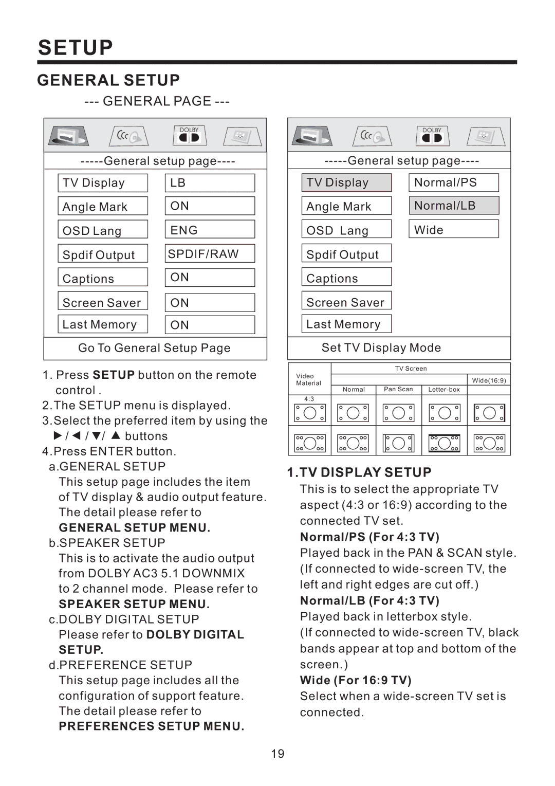 PYLE Audio PLD41MUT owner manual General, TV Display Setup, Eng Spdif/Raw 