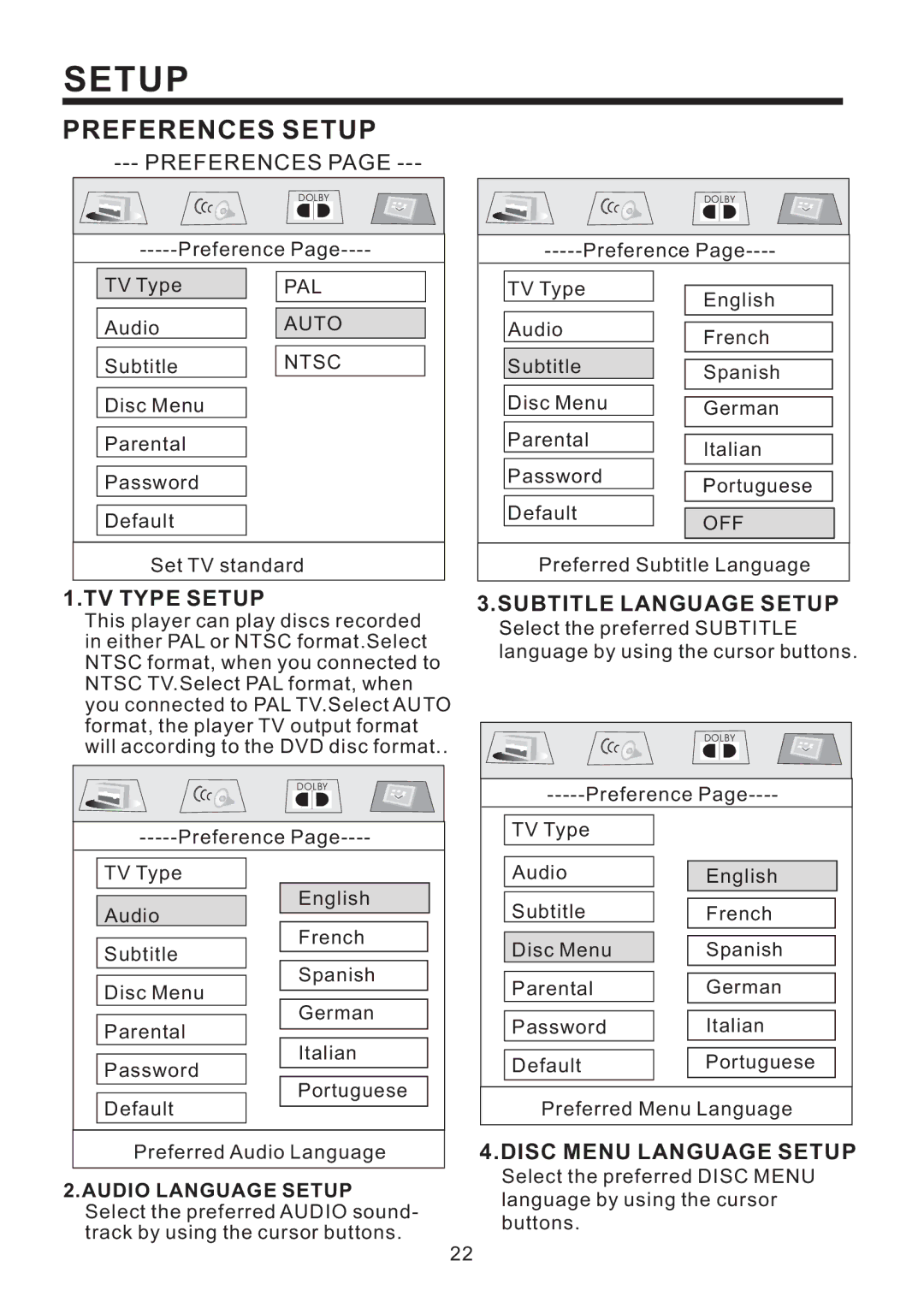 PYLE Audio PLD41MUT owner manual Preferences, TV Type Setup, Subtitle Language Setup, Disc Menu Language Setup 