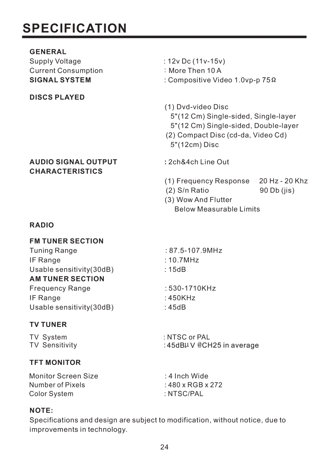 PYLE Audio PLD41MUT owner manual Specification, Ntsc/Pal 