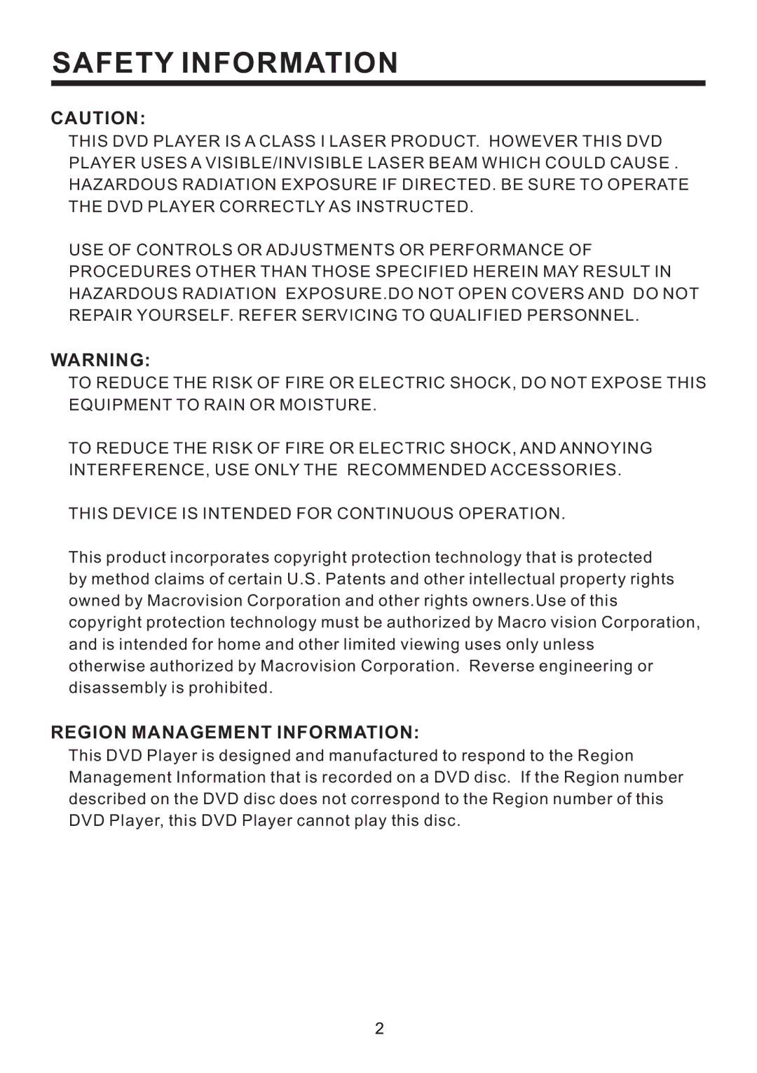 PYLE Audio PLD41MUT owner manual Safety Information, Region Management Information 