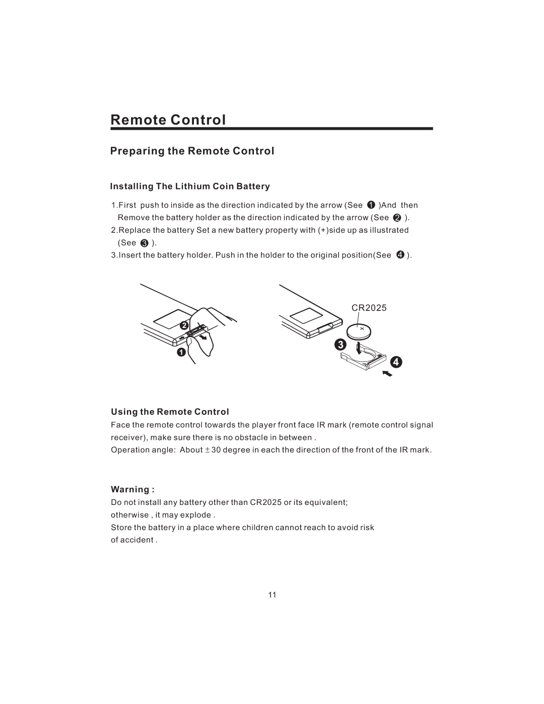 PYLE Audio PLD43MU owner manual Preparing the Remote Control, Installing The Lithium Coin Battery, Using the Remote Control 