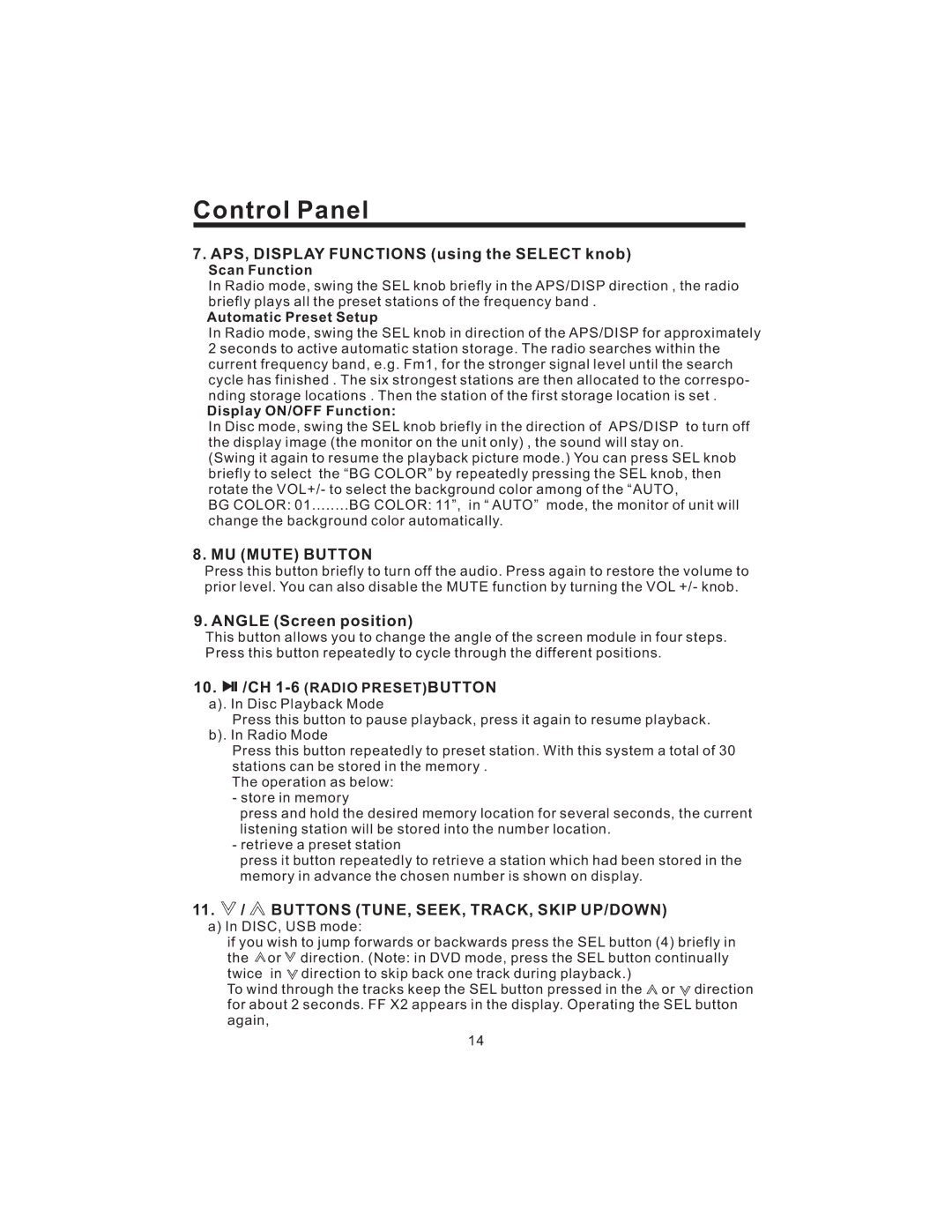 PYLE Audio PLD43MU owner manual APS, Display Functions using the Select knob, MU Mute Button, Angle Screen position 